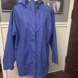 Lands’ End Periwinkle Blue Brim Hood Fully Lined Raincoat Full Zip Velcro Sz XL